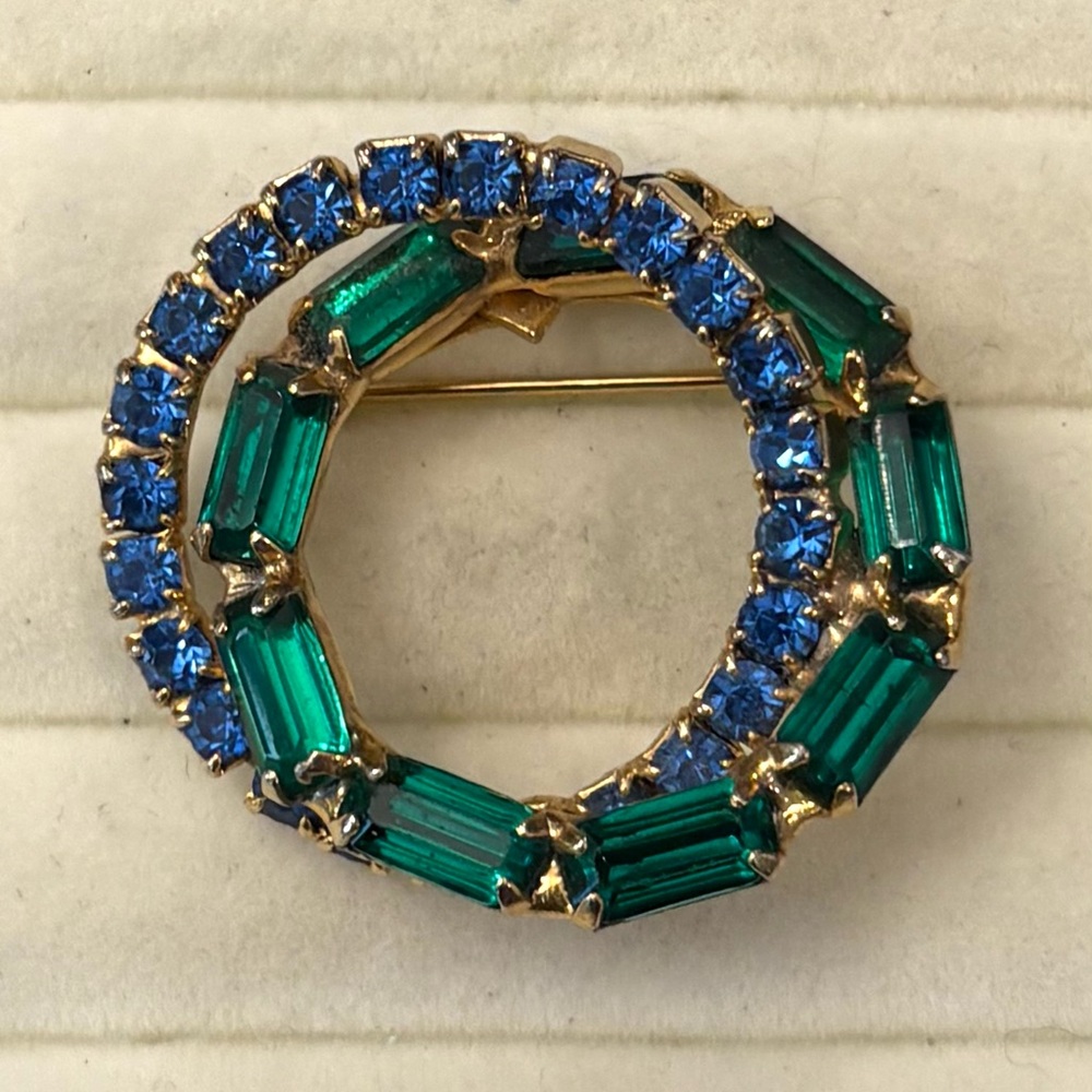 Mid-Century Eternity Brooch Double Circle Blue Rhinestones Green Baguettes